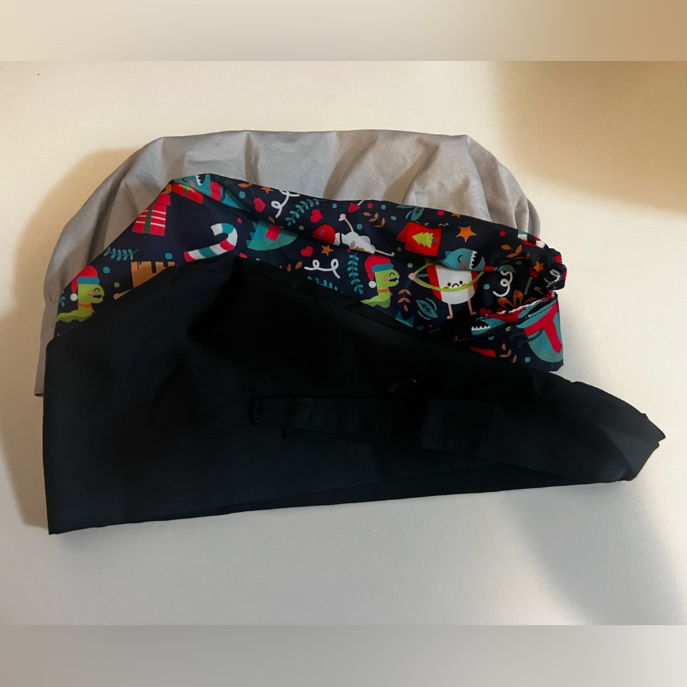 Scrub Caps! Gray, black, and Christmas themed.